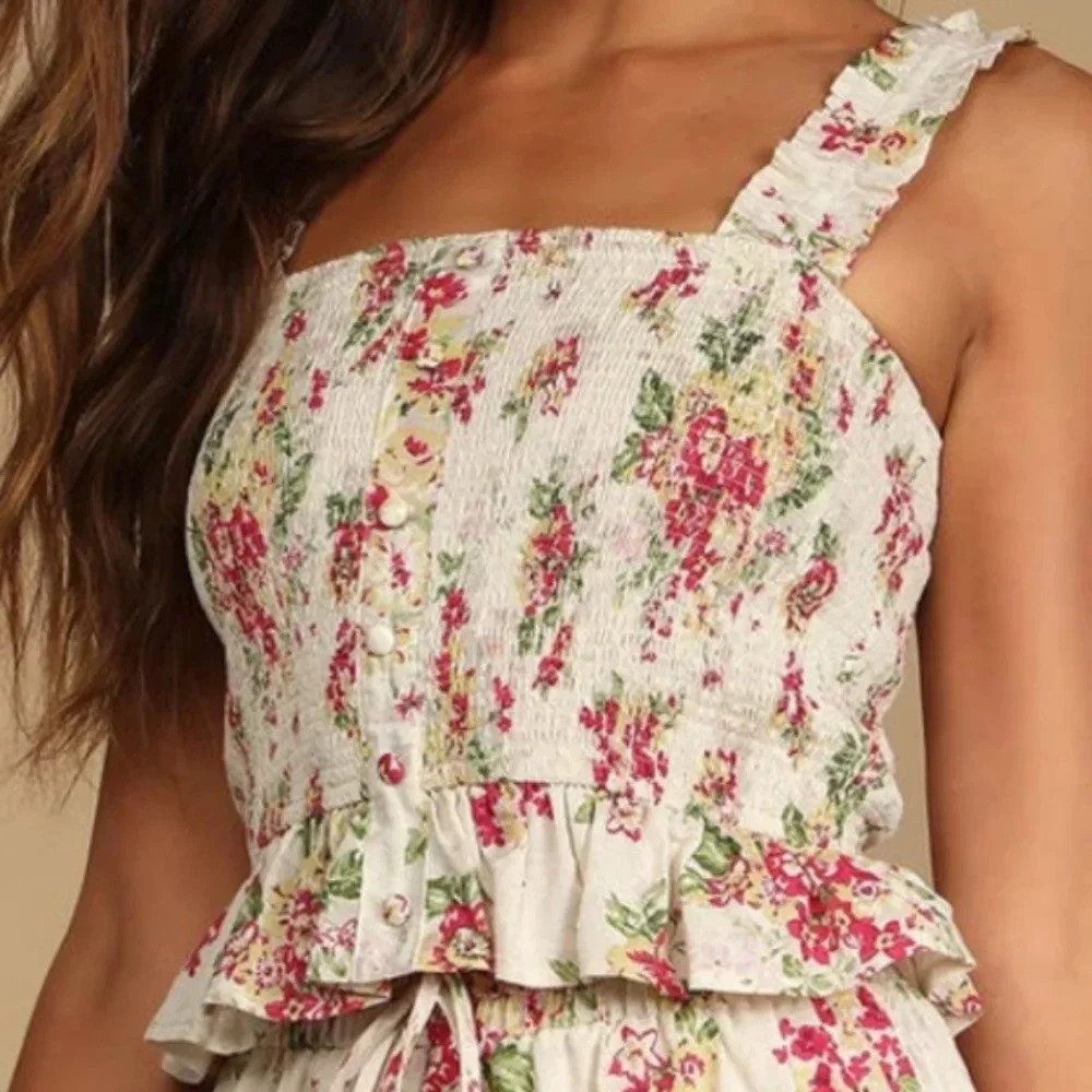 Lulus Blooming Views Beige Floral Ruffled Smock Linen/Cotton Tank Top, M, NWT